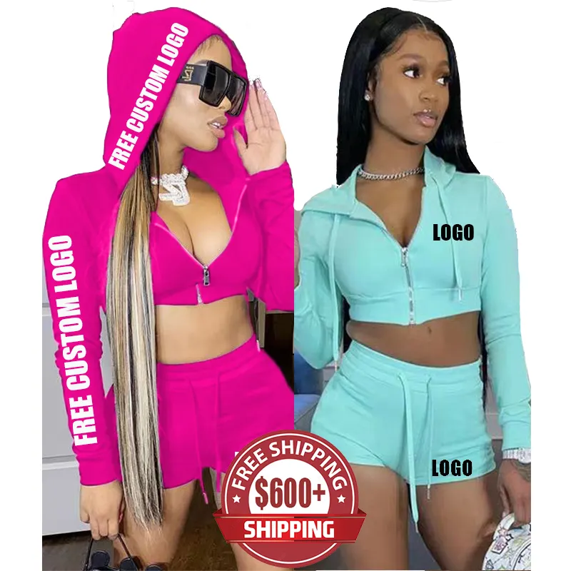 Free Shipping In Stock Women Biker Short Sets 2 Piece Set Clothing Zipper Hoodie Women Crop Tops Two Piece Set Clothing