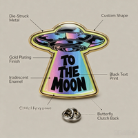 Badge métallique personnalisé en émail dur, motif OVNI patriotique, avec effet holographique plaqué or, pour collection science-fiction, OEM, personnalisable en gros