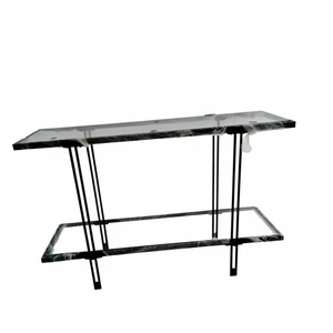 Modern 2 Tier Glass Console <b>Table</b> <b>Black</b> Metal Frame Rectangular Entryway <b>Sofa</b> <b>Table</b> Narrow Living Room Display Shelf - Product Image 1