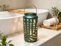 Lanterne en métal bleu sarcelle à découpes en forme de feuille, lanterne décorative portable en fer avec bordure dorée, option d'éclairage LED personnalisable