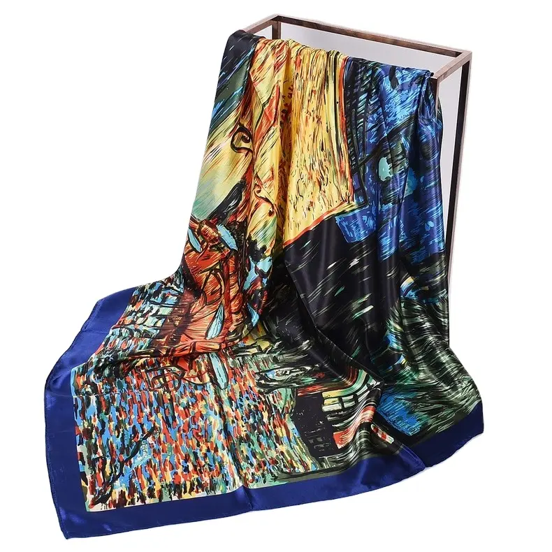 Van Gogh Art Oil Painting luxury starry night satin silk scarf for woman Daily outdoor wear 90*90cm hijab wholesale