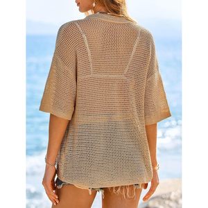 Cárdigan ligero de ganchillo para mujer, manga corta, con botones, cuello en V, holgado, para verano, color caqui, con diseño calado - Product Image 5
