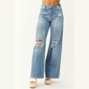 Jeans de Pierna Ancha con Cintura Alta y Logotipo Personalizado, Pantalones Vaqueros Desgastados Azules Vintage para Mujer, Más Vendidos - Product Image 1