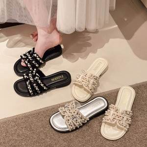 Chic Tweed Style Women Pearl <b>Flat</b> Slide <b>Sandals</b> Soft Breathable Sole Outdoor Beach slippers for Summer Daily Wear - Product Image 2