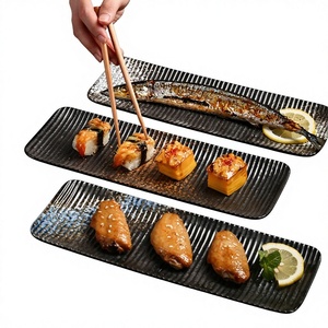 Plateau de service rectangulaire en porcelaine givrée noire, personnalisable, écologique, pour sushis japonais, vaisselle pour restaurant - Product Image 1