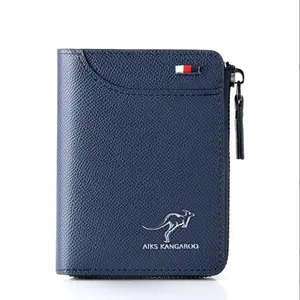 Vente en gros, porte-monnaie de marque en cuir PU RFID à fermeture éclair, portefeuille minimaliste à deux volets pour hommes avec poche à monnaie