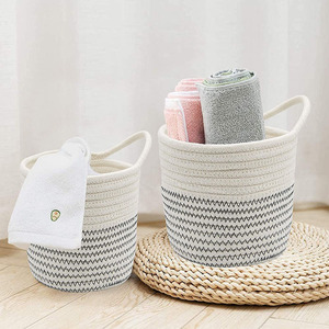 Woven Cotton Rope <b>Storage</b> <b>Basket</b> Round With Handles For Towels And Linens - Product Image 1