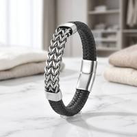 Bracelet en cuir véritable pour homme avec fermoir magnétique en acier inoxydable, double chaîne à maillons, logo personnalisé, tendance