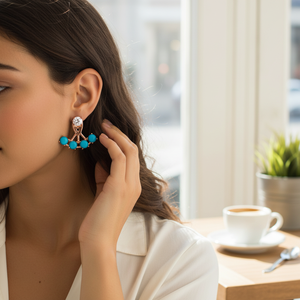 Turquoise Stone Design CZ Round Shape Ear <b>Jackets</b> Woman Earrings Turkish Handmade 925 Sterling <b>Silver</b> Jewelry - Product Image 3