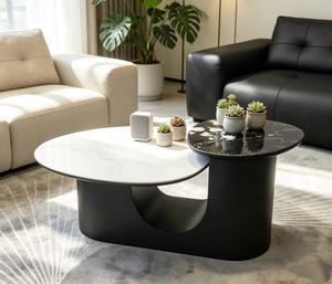 Modern Marble <b>Coffee</b> <b>Table</b> Set <b>Round</b> Black Metal Frame Contemporary Living Room Furniture Decorative Design - Product Image 1