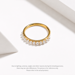 Pearl Accent Band <b>Ring</b> Stainless <b>Steel</b> 14K Gold Vacuum Plated Imitation Pearl Half-Row <b>Ring</b> 21.1 mm - Product Image 1