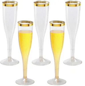 Óculos de plástico descartáveis, 7 oz, flautas de champanhe de plástico, glitter de ouro e aro dourado, óculos de vinho para festa de casamento, copos de coquetelos