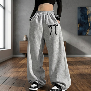 <b>Women</b> High Waist Wide Leg Sweatpants Solid Gray Cotton Elastic Waist Full Length Side Pockets Casual Pants Autumn Style - Product Image 1
