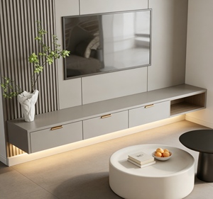 Minimalist Oriental-Style <b>TV</b> Stand - Sleek Living Room Furniture with Wooden Grid Accents & Integrated Storage Organization - Product Image 2