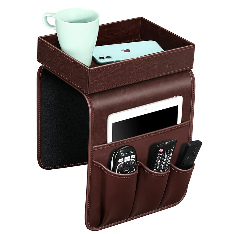 Sofa Remote Control Holder with Detachable Tray [Non Slip] PU Leather Chair Couch Armrest Organizer Caddy with 5 Pockets