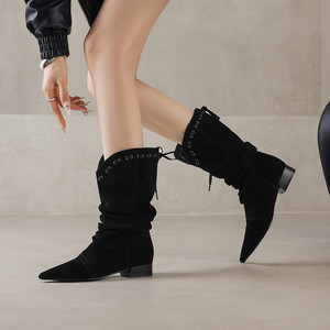 Nouveautés 2026 Bottes d'hiver pour femmes à bout pointu, style <span class=keywords><strong>cowboy</strong></span>, à lacets, confortables, à talon plat, à enfiler, économiques - Product Image 4
