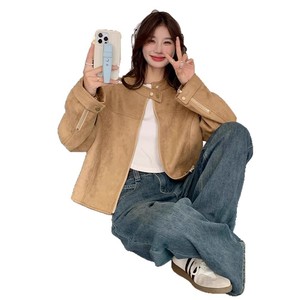 Khaki <b>Suede</b> <b>Jacket</b> Women Short Loose Fit Full Sleeve Cow <b>Suede</b> Autumn Casual Korean Style Coat - Product Image 5