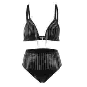 Ensemble de lingerie personnalisé en similicuir noir avec franges en strass, soutien-gorge et culotte taille haute, 2 pièces, tenues de rave, OEM - Product Image 1