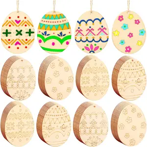 Easter Eggs Wood Slice Ornaments DIY Wooden Egg Shape Crafts Hanging Decorations with Twine for Easter Party 4 Styles