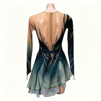 Robe de patinage artistique en spandex/nylon avec dégradé noir et bleu sarcelle et strass, dos profondement ouvert, pour filles et enfants, performance de danse sur glace