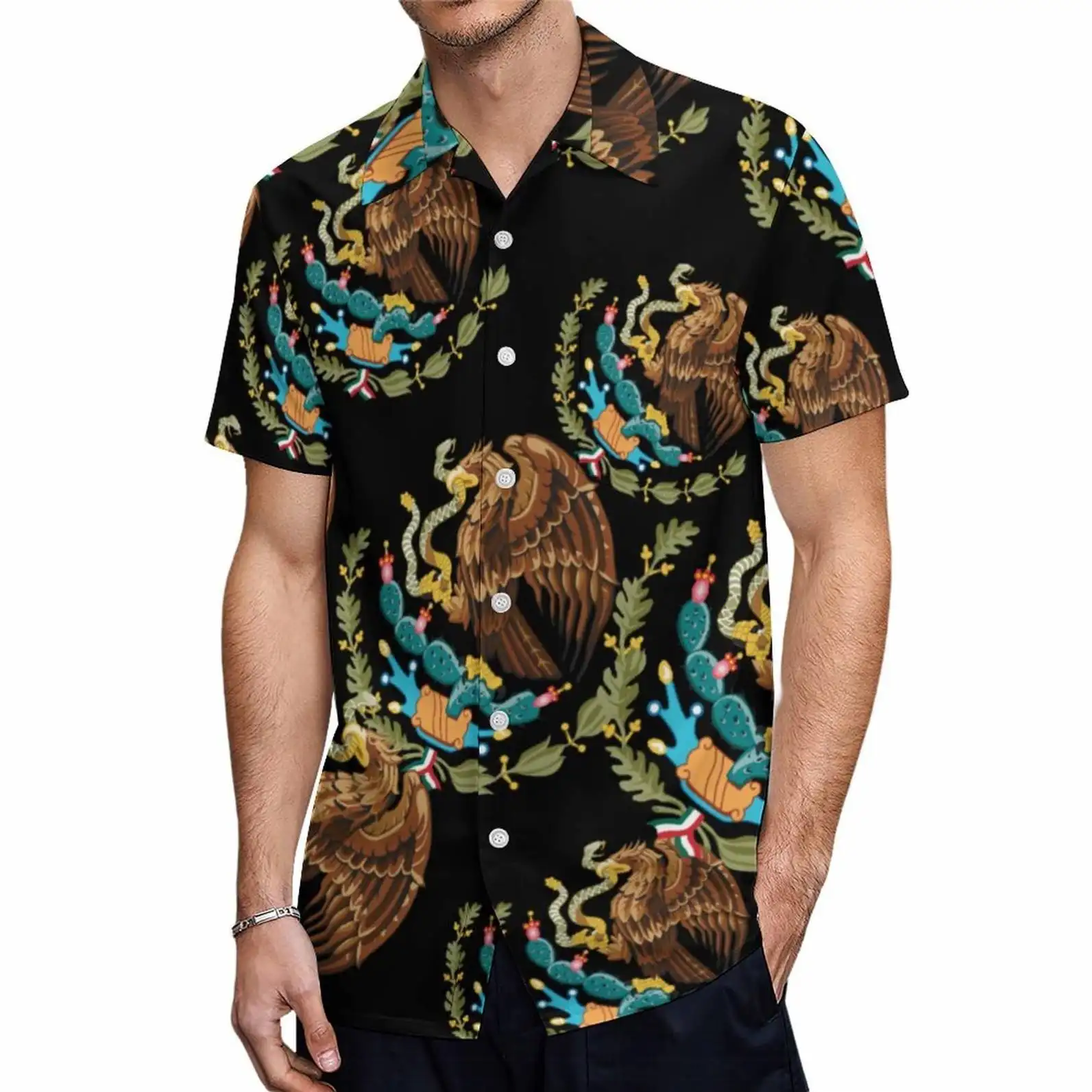 Camicia personalizzata nera con LOGO messicano camicie da uomo hawaiane pantaloncini di tendenza Casual camicia a manica con bottoni da spiaggia POLO manica corta all'ingrosso