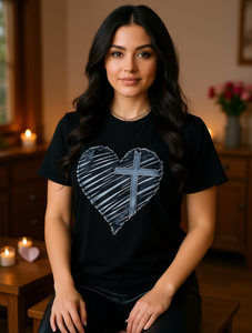 T-shirt da donna a maniche corte con scollo rotondo, motivo a cuore incrociato, stampa digitale, top casual in cotone, abbigliamento primaverile ed estivo - Product Image 2