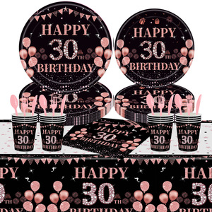 Ensemble de vaisselle pour fête d'anniversaire 60 ans, noir et or rose, assiettes en plastique, gobelets, serviettes, couverts, 60-80 pièces, décoration d'anniversaire - Product Image 2