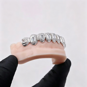 Custom Vvs Moissanite Grillz Fast Delivery Iced Out Emerald Cut 925 Silver <b>Gold</b> Plated Hip Hop Teeth Grillz for Men Women - Product Image 1