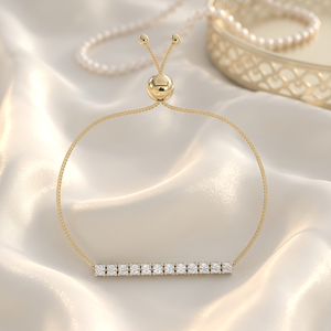 Pulsera Bolo con Diamantes Curvos en Barra – 12 Diamantes CVD de Laboratorio de 2mm, Oro Amarillo de 10K, 14K, 18K, Cadena Ajustable Tipo Box - Product Image 1