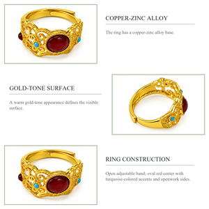 Anillo de cóctel chapado en oro vintage con incrustaciones de rubí ovalado y turquesa para mujer, regalo de boda, joyería. - Product Image 3
