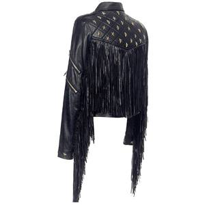 <strong>Star</strong> Studded Black Waterproof Moto Turn-Down Collar Short Rivets Button Ladies Wholesale Punk Zipper Tassel PU <strong>Jacket</strong> - Product Image 2