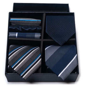 Coffret Cadeau de Luxe 3 Pièces : Cravate, <span class=keywords><strong>Mouchoir</strong></span> et Boutons de Manchette pour Homme, Accessoires de Costume Points Dorés sur Fond Noir - Product Image 5