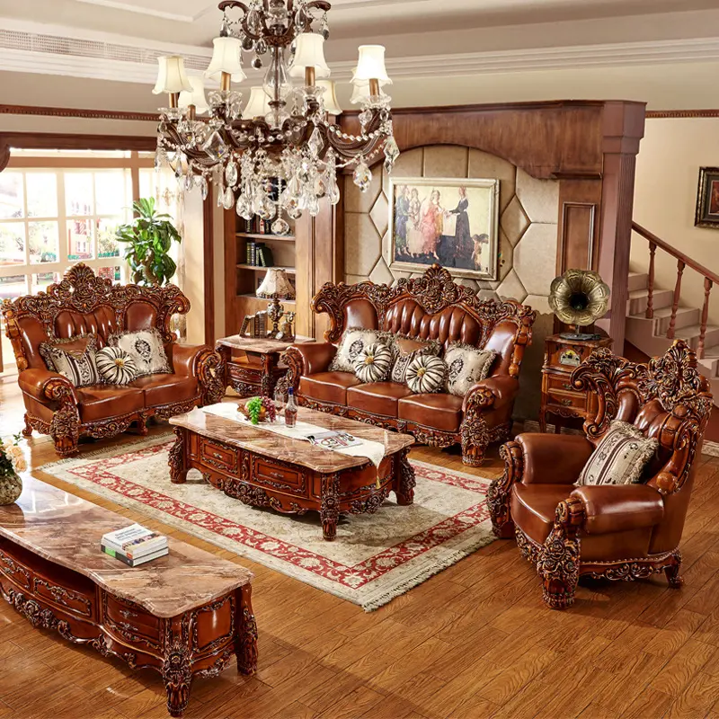 Klasik eski oturma odası mobilya koltuk takımları hakiki deri katı ahşap avrupa Retro kraliyet kanepe setleri