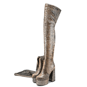 Large Size 45 Back Zipper Thigh <b>High</b> Boots Women <b>High</b> Chunky Heels Thick Platform Over-<b>knee</b> Boots Animal Prints Wide Fit Shoes - Product Image 3