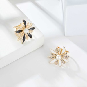 Flower Shape Clip On <b>Earrings</b> With Pearl And Rhinestones Black And White Everyday Wear - Product Image 4