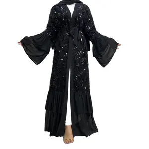 Pailletten Chiffon Kimono Cardigan Robe Ramadan Eid Open Kaftan Moslim Jurk Abayas Voor Vrouwen