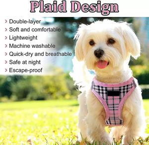 Harnais pour chien personnalisé de haute qualité, nouveau style, luxueux, motif à carreaux <span class=keywords><strong>rose</strong></span> et bleu, en <span class=keywords><strong>maille</strong></span> respirante douce en polyester, réglable et confortable - Product Image 5