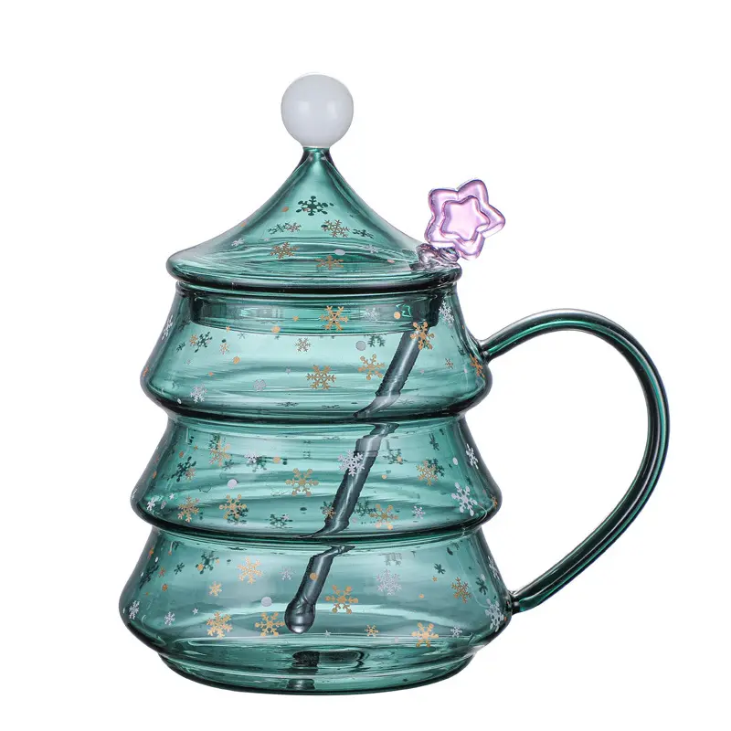 Christmas gift green tree cup set glass coffee mug with pink spoon and glass lid