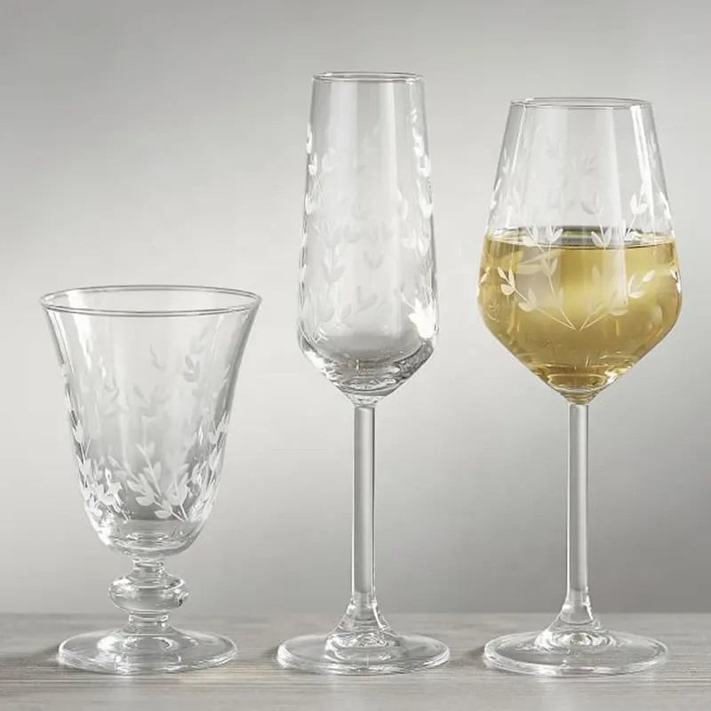 Luxury Glassware Clear Floral Pattern Etched Wine Goblets Glass Hand Engraved Wine Champagne Flutes Glasses