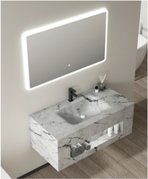 Meuble de salle de bain mural de luxe en pierre artificielle, motif marbre, avec vasque intégrée, miroir LED à capteur et rangement