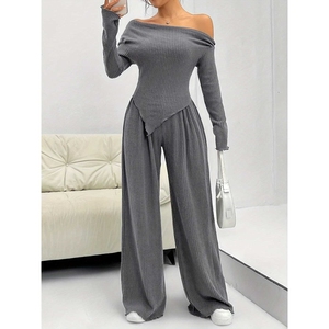 ชุดลำลองใหม่ เสื้อถักคอปกเดี่ยวแบบเปิดไหล่ กางเกงขายาวทรงกว้าง ชุดเซ็ต 2 ชิ้นสำหรับผู้หญิง แฟชั่น - Product Image 2