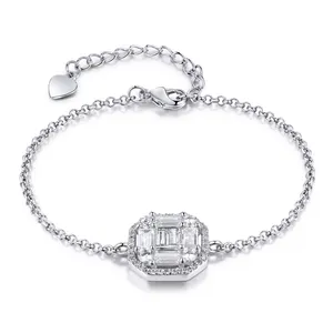 Diamond Heart Baguette Diamond 18K Gold Plating 925 Silver Brass Square Cubic Zirconia Adjustable Bracelets Charm Links Chain