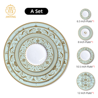 Service de table en céramique bleu turquoise avec motifs floraux dorés, vaisselle en porcelaine fine pour événements et traiteurs