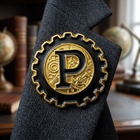 Épinglette personnalisée en émail sur le thème de l'industrie, style steampunk, mécanique, avec initiale P, en métal plaqué, pour logo d'entreprise technologique