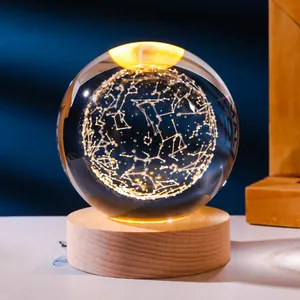Ночник с 3D хрустальным шариком, настольная лампа с деревянным основанием, светильник в виде Луны для детей, подарок на день рождения, новинка для дома