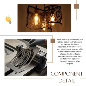 Luminaire suspendu Art Déco à 3 lumières, en métal noir découpé au laser avec verre ambré en forme de grappe - Product Image 5