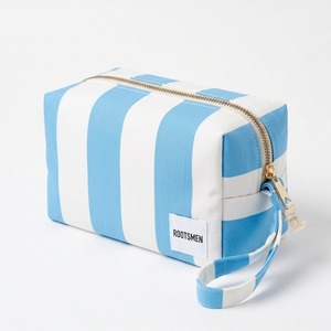 Bolsa de Cosméticos de Lona a Rayas Azul Cielo y Blanco, Bolsa de Maquillaje Cuadrada con Correa para la Muñeca, Cierre Dorado con Cordón, Logotipo Personalizado OEM - Product Image 2