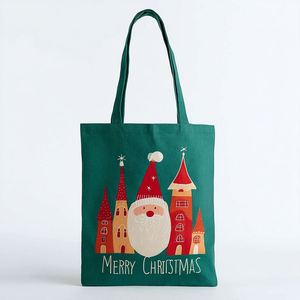 Sacs fourre-tout en toile de coton réutilisables avec logo imprimé personnalisé, design Joyeux Noël pour les courses des femmes - Product Image 1