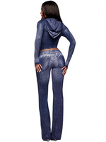 Setelan Dua Potong Atasan Crop Top Berkerah Hoodie Motif Denim Imitasi & Celana Skinny dengan Cetak Huruf, Tracksuit Kasual Wanita