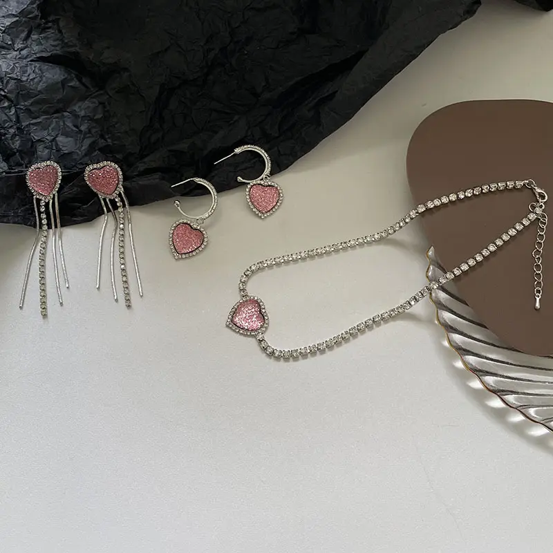 CARTER LISA Flash Diamond Zircon Pink Peach Heart Necklace Collar Chain Fashion Personality Love Earrings Jewelry Set